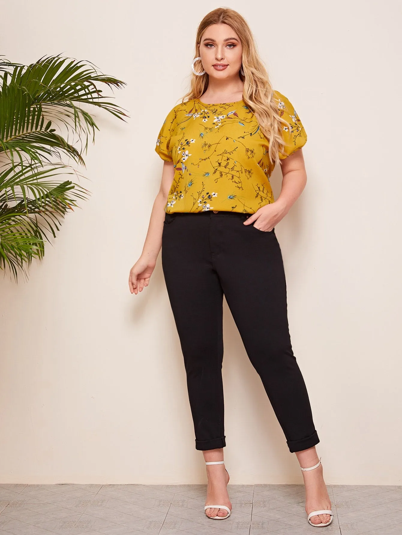 All Over Print Button Short Sleeve Round Neck Regular Plus Size Blouse