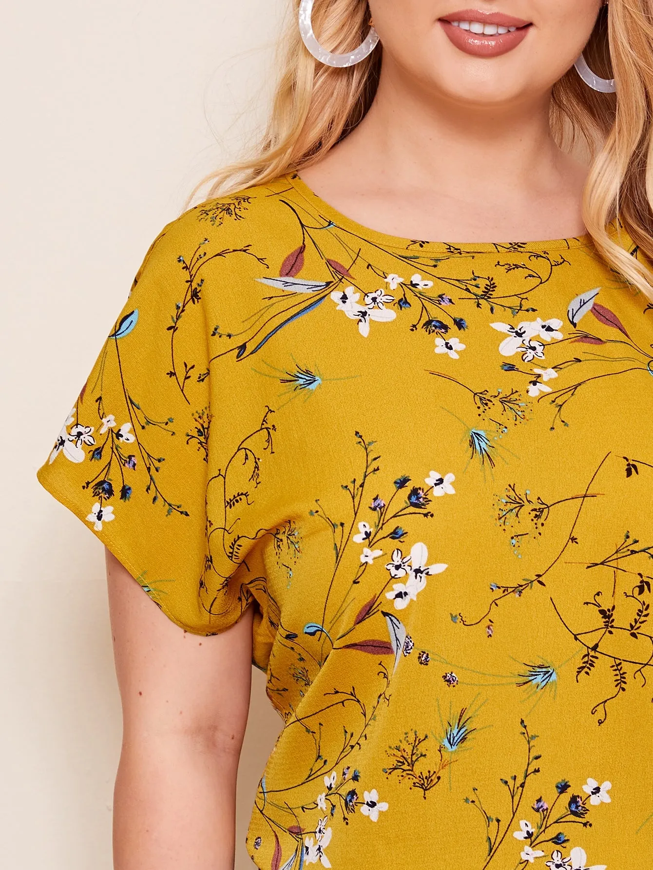 All Over Print Button Short Sleeve Round Neck Regular Plus Size Blouse