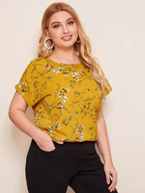 All Over Print Button Short Sleeve Round Neck Regular Plus Size Blouse