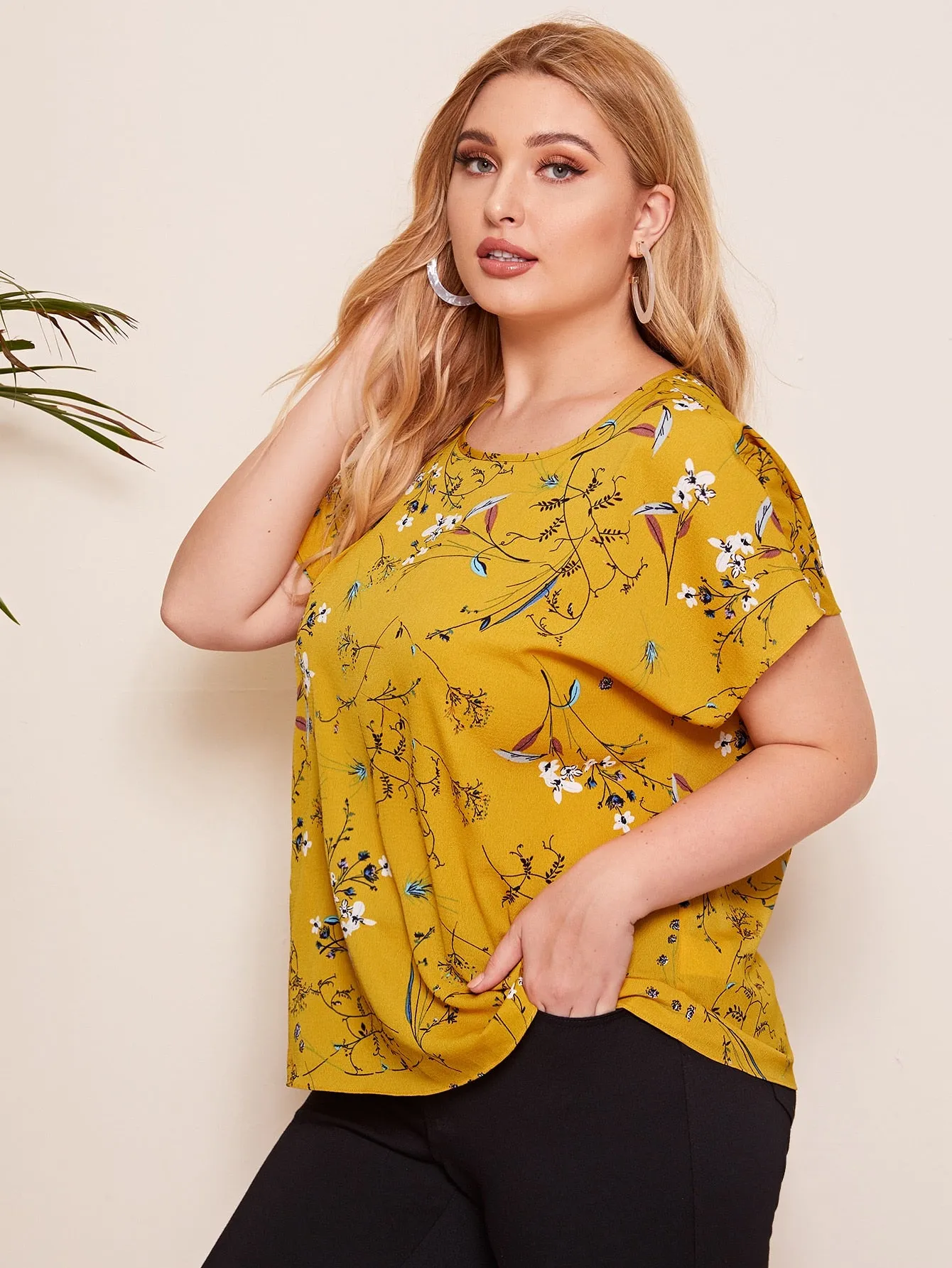 All Over Print Button Short Sleeve Round Neck Regular Plus Size Blouse