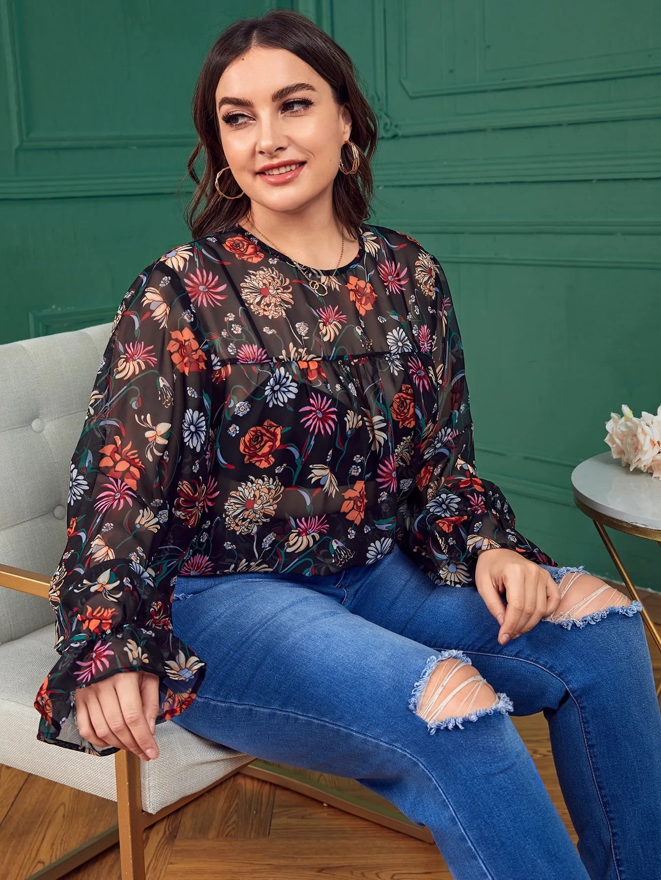 All Over Print Sheer Long Sleeve Round Neck Regular Plus Size Blouse