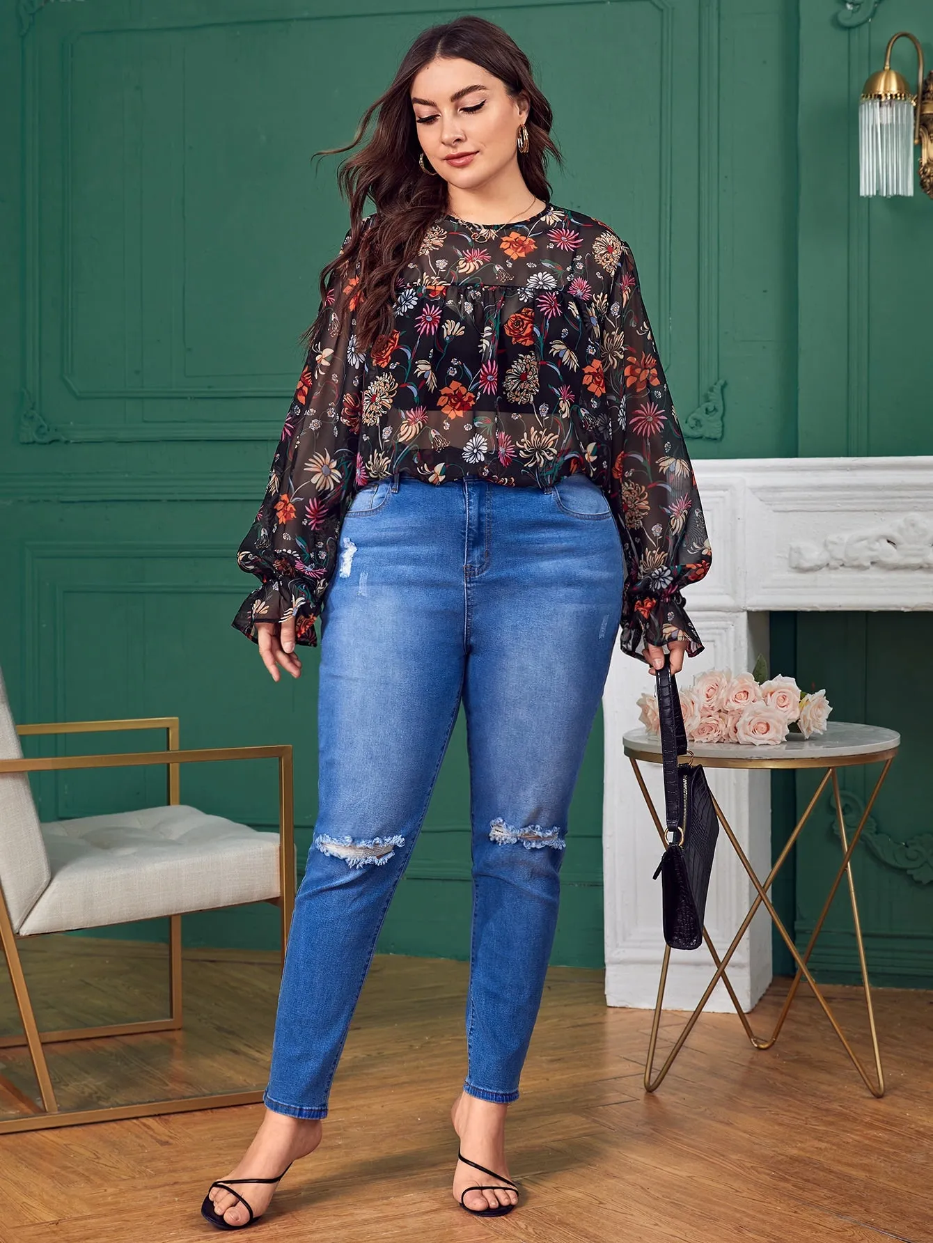 All Over Print Sheer Long Sleeve Round Neck Regular Plus Size Blouse
