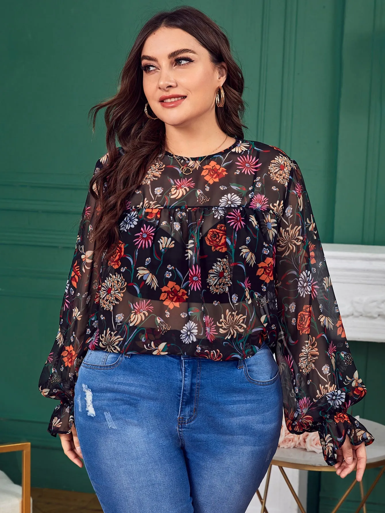 All Over Print Sheer Long Sleeve Round Neck Regular Plus Size Blouse