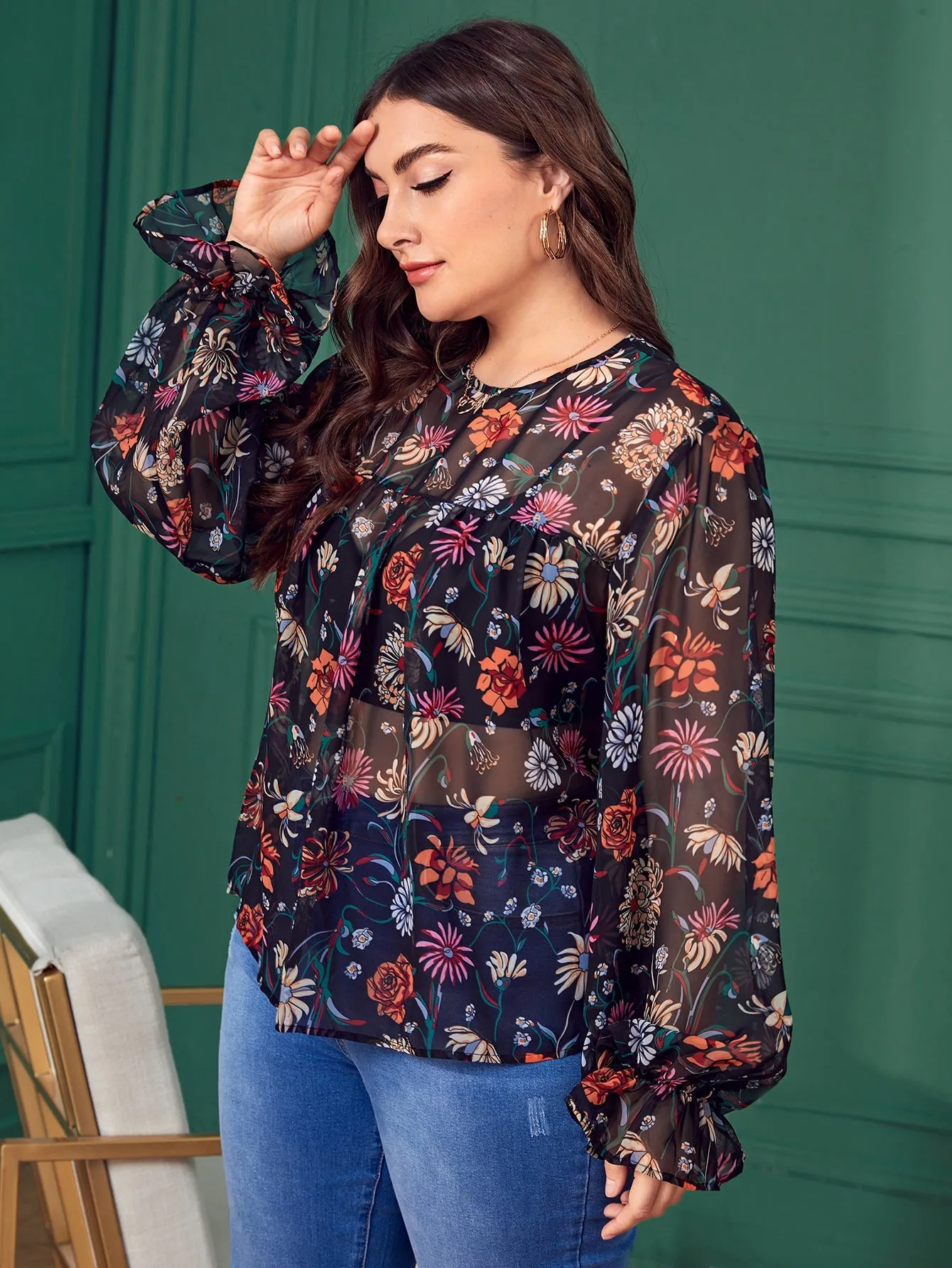 All Over Print Sheer Long Sleeve Round Neck Regular Plus Size Blouse