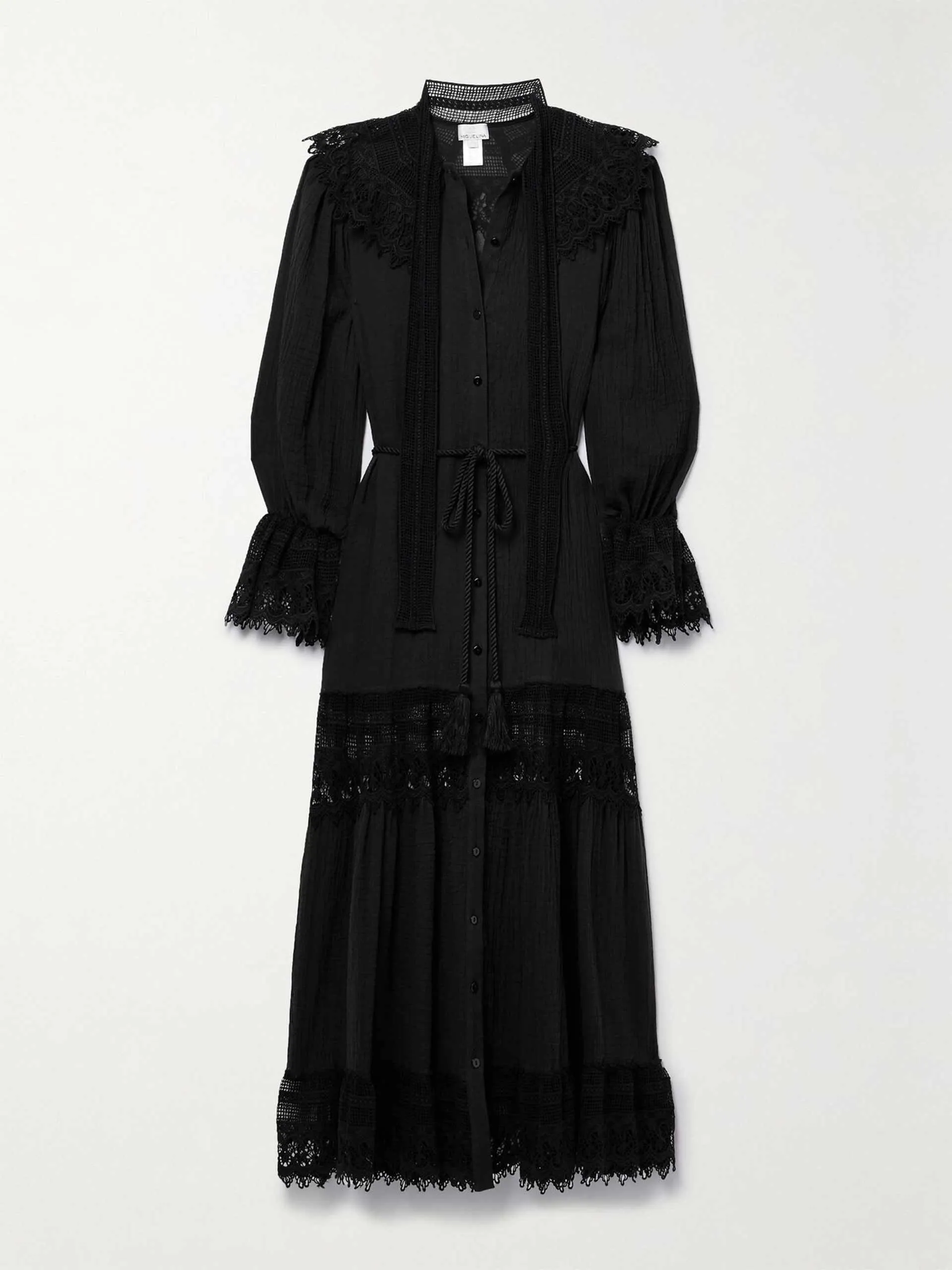 Belted lace-trimmed cotton-gauze maxi dress