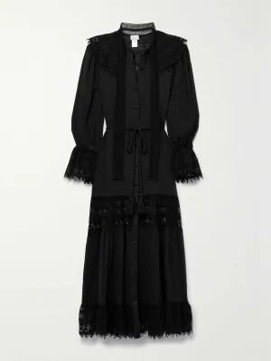 Belted lace-trimmed cotton-gauze maxi dress