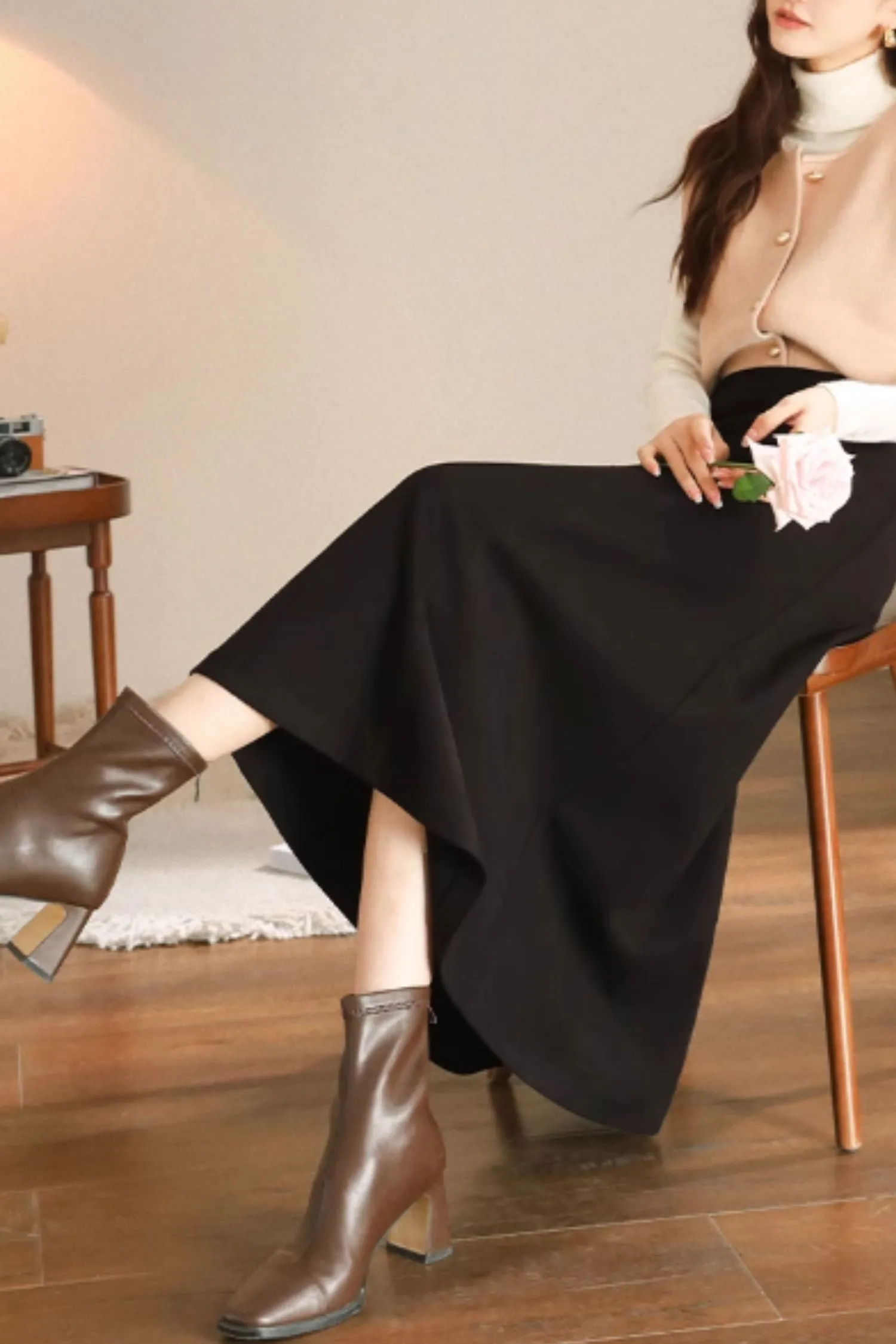 Black a line long wool skirt women 5468