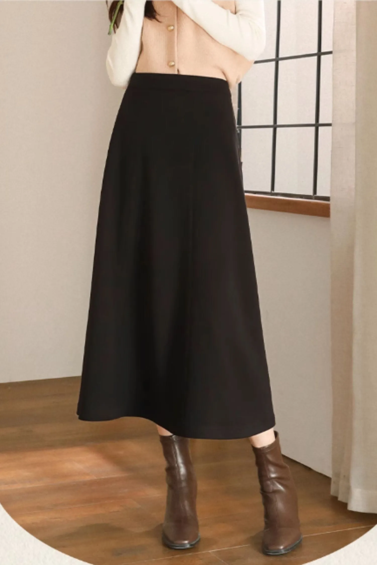 Black a line long wool skirt women 5468