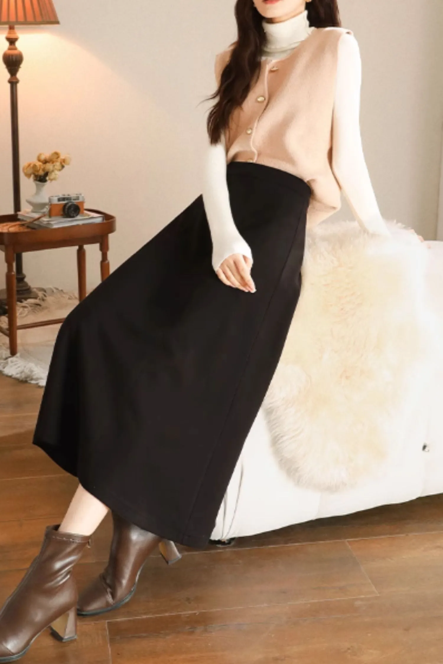 Black a line long wool skirt women 5468
