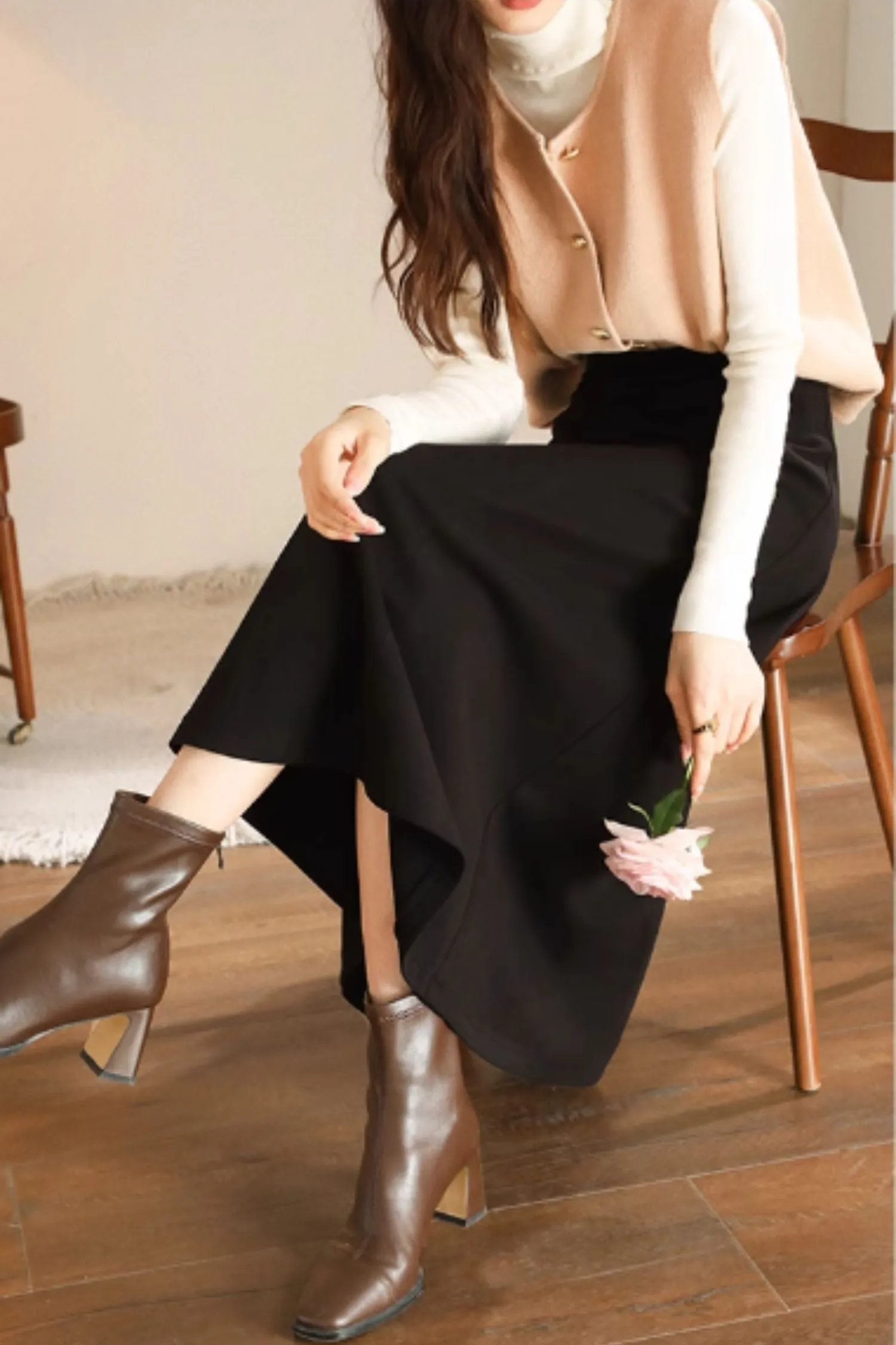 Black a line long wool skirt women 5468
