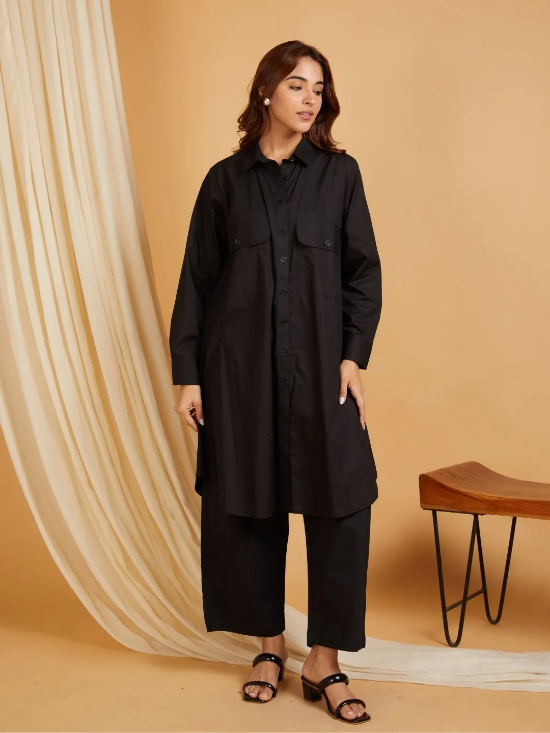 Black Cotton Poplin Black Button Up Co-ord Set