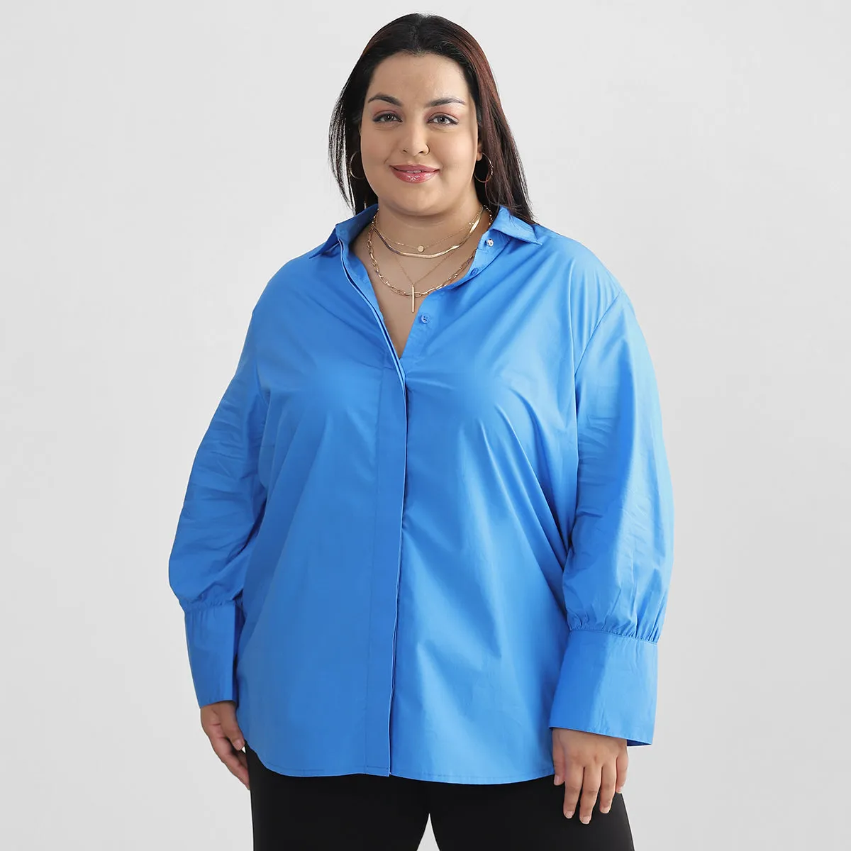 Blue Plus Size Cotton Poplin Shirt