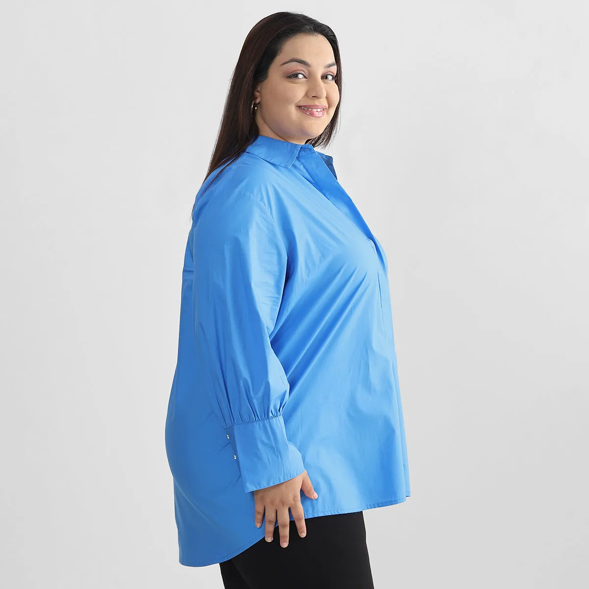 Blue Plus Size Cotton Poplin Shirt