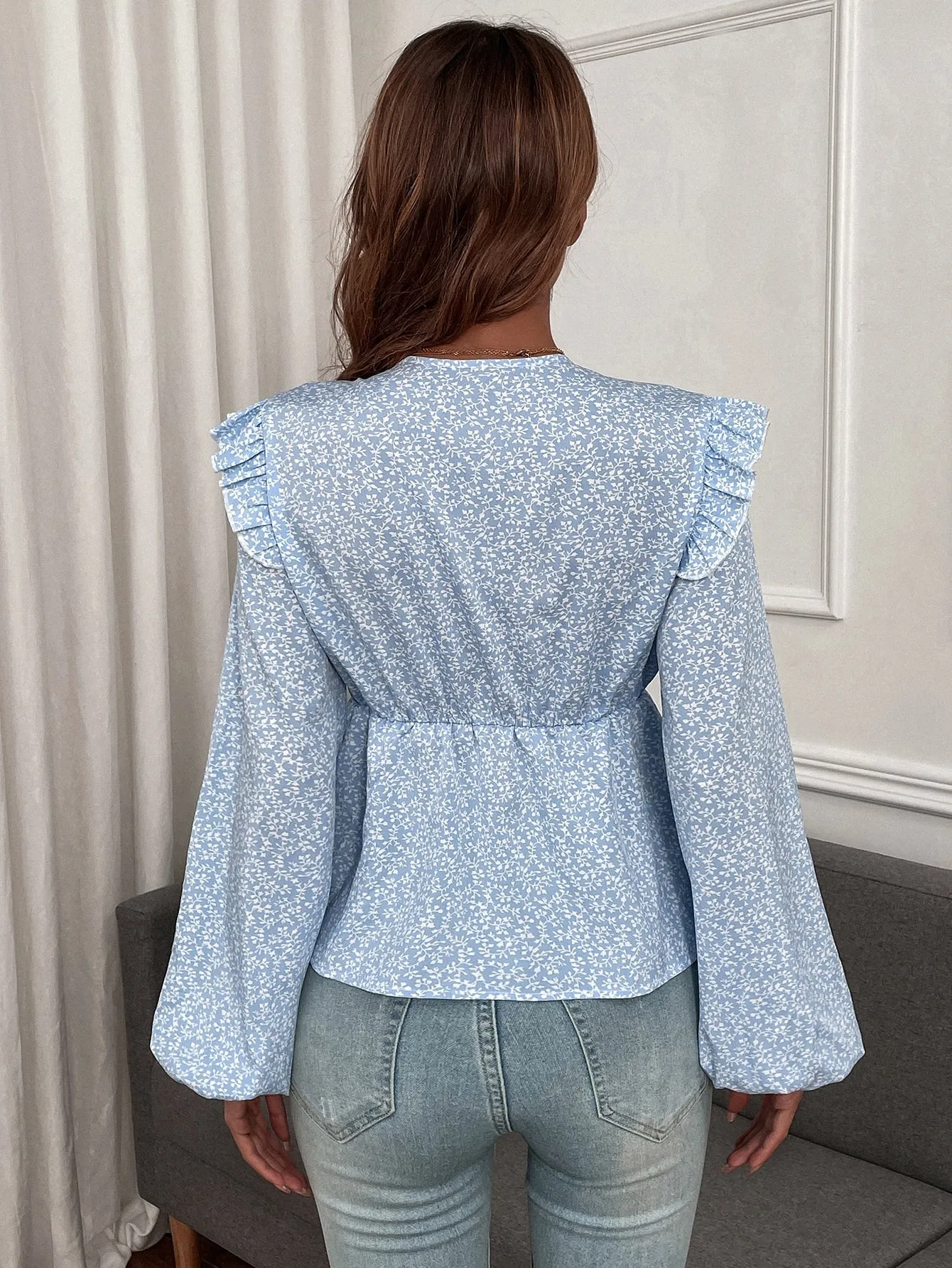 Boho Ditsy Floral Tie Front Long Sleeve Deep V Neck Flared Regular Blouse