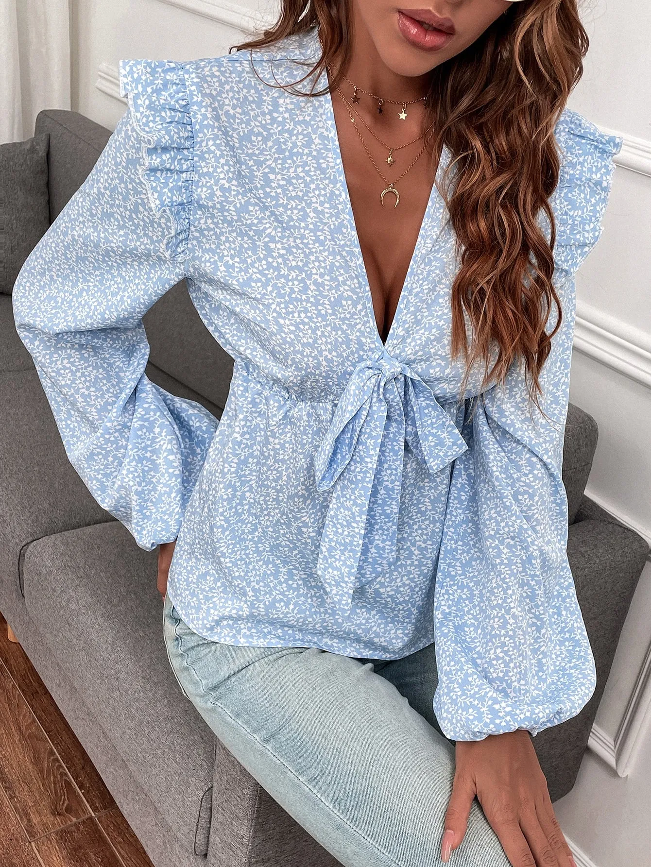 Boho Ditsy Floral Tie Front Long Sleeve Deep V Neck Flared Regular Blouse
