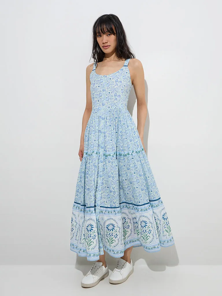 Bombay Paisley Light Blue Floral Design Tiered Cotton Dress