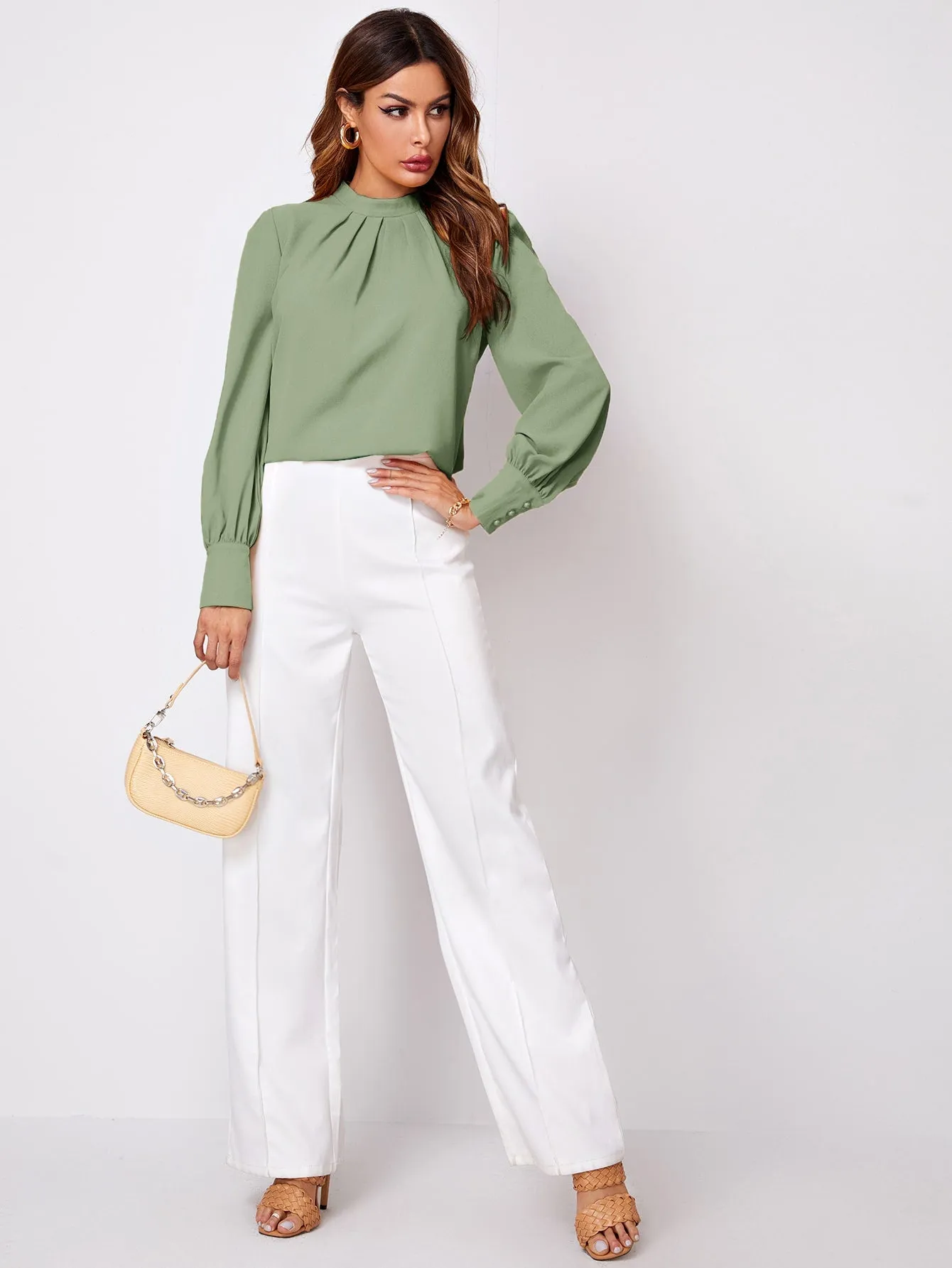 Button Cuff Gathered Neck Top
