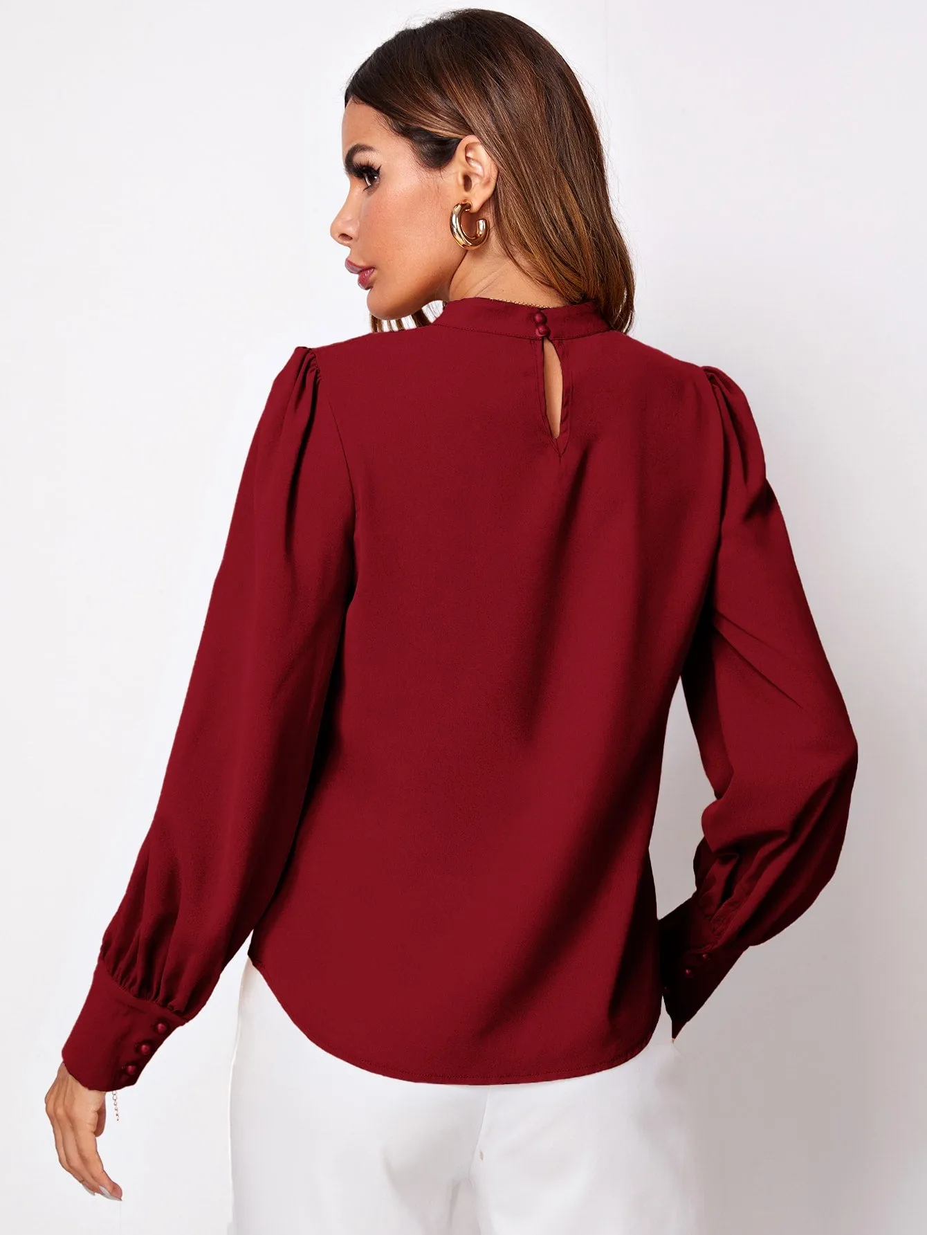 Button Cuff Gathered Neck Top