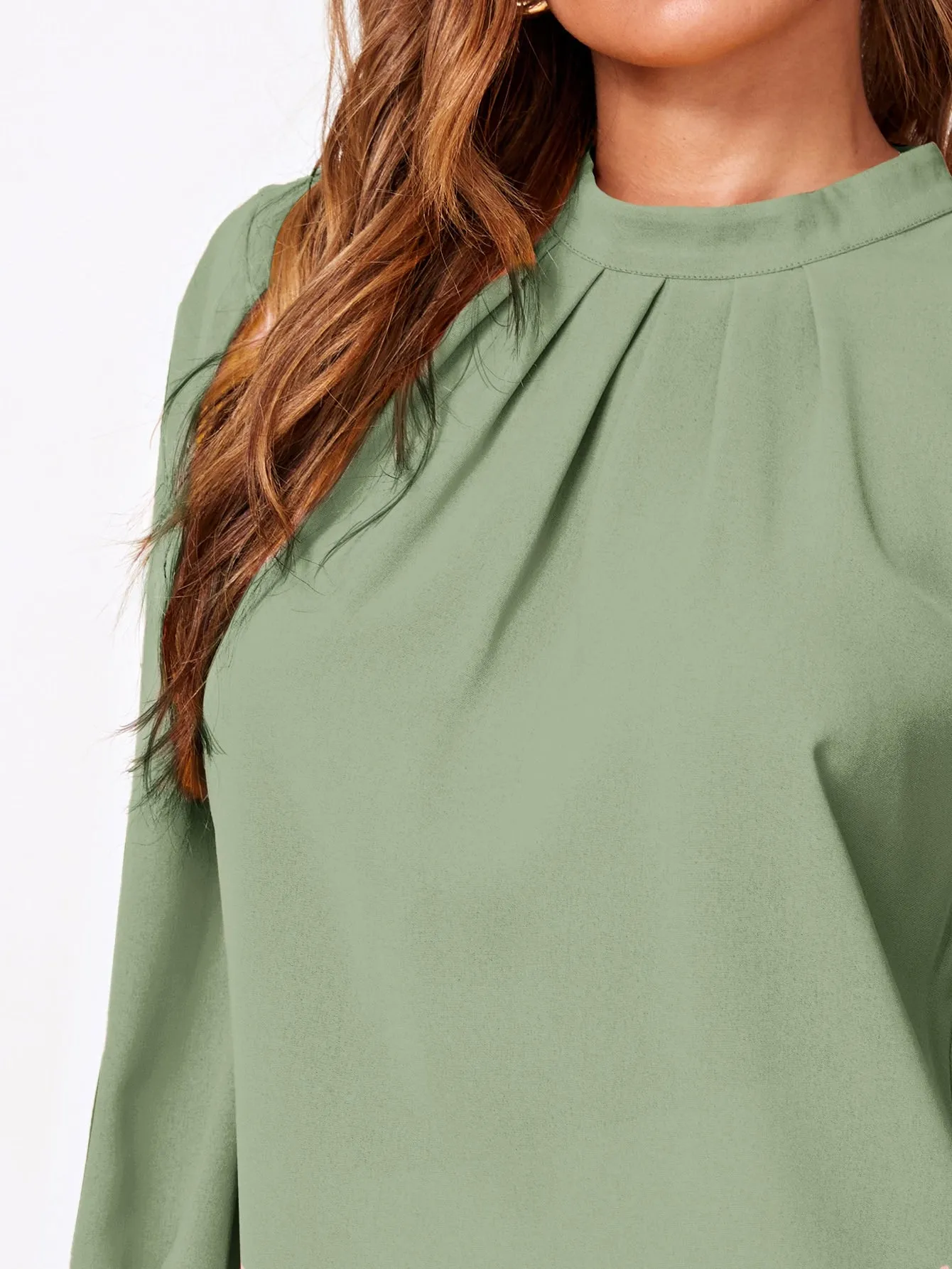 Button Cuff Gathered Neck Top