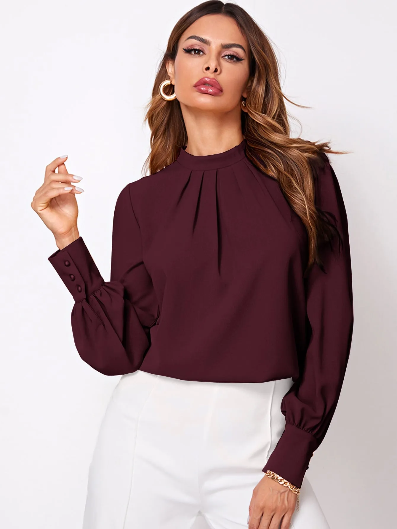 Button Cuff Gathered Neck Top