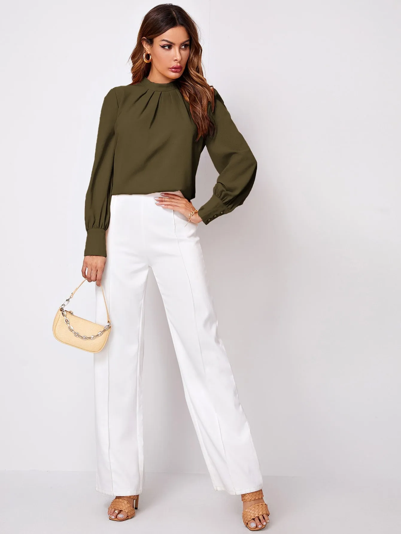Button Cuff Gathered Neck Top