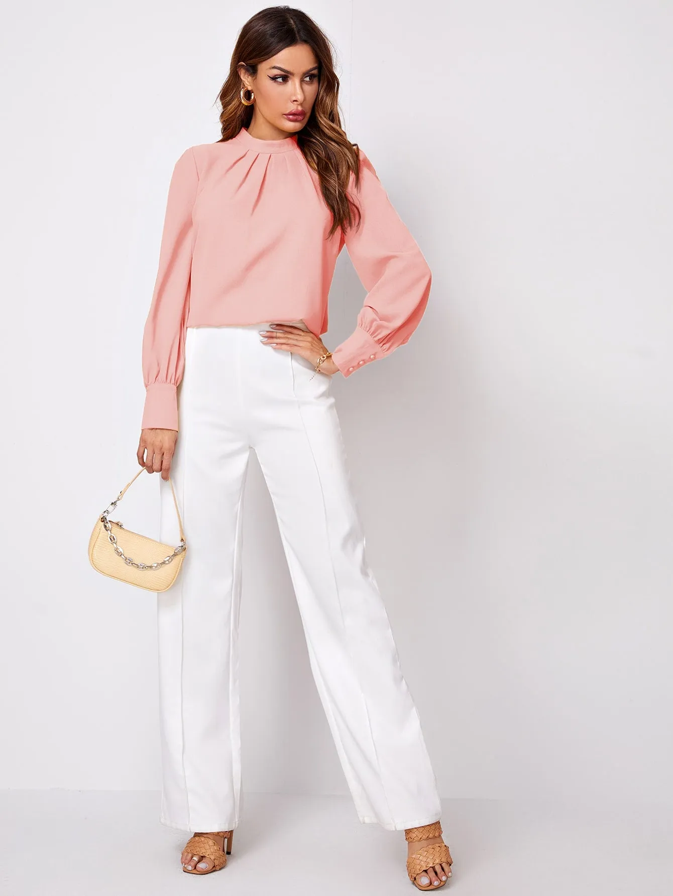 Button Cuff Gathered Neck Top