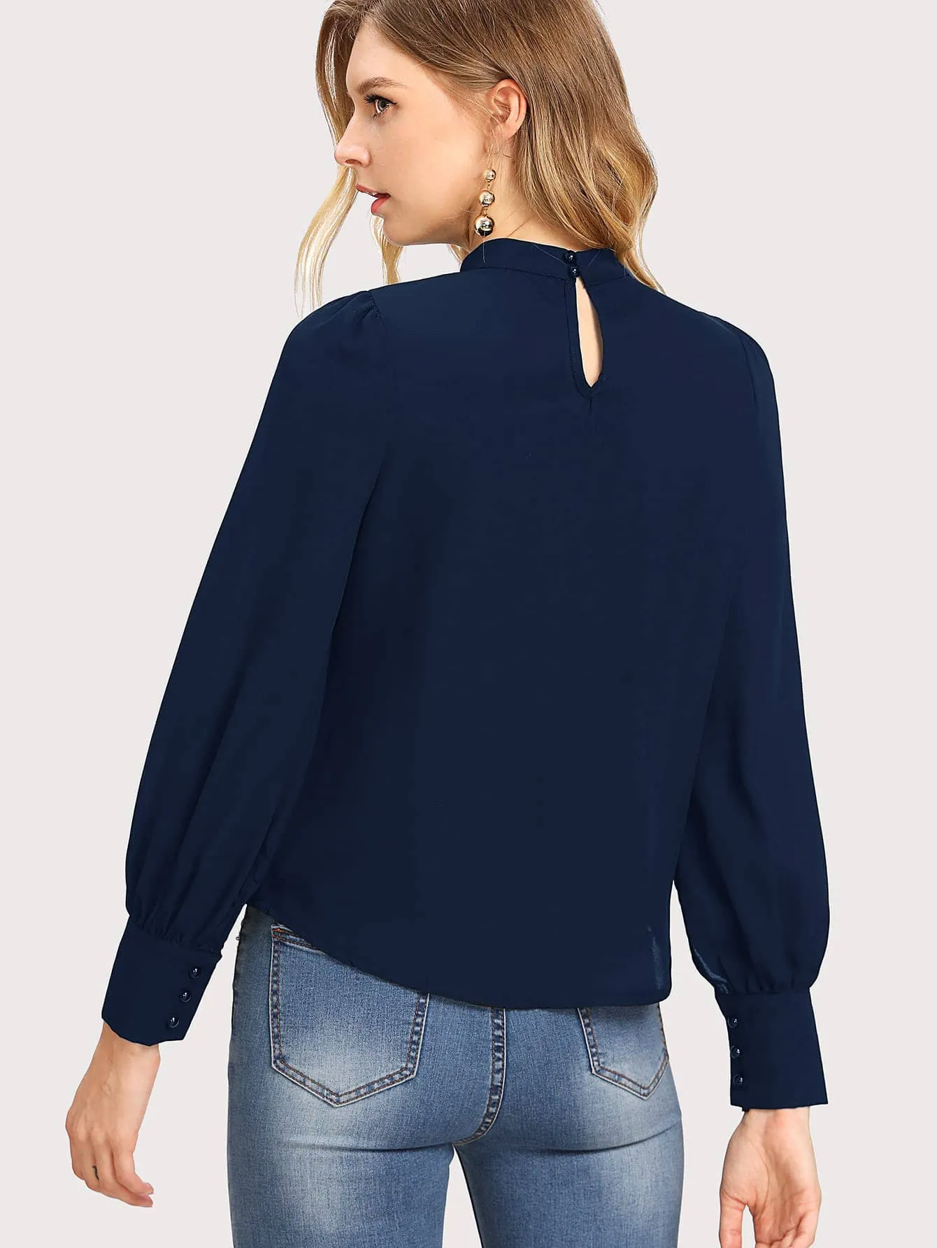Button Cuff Gathered Neck Top