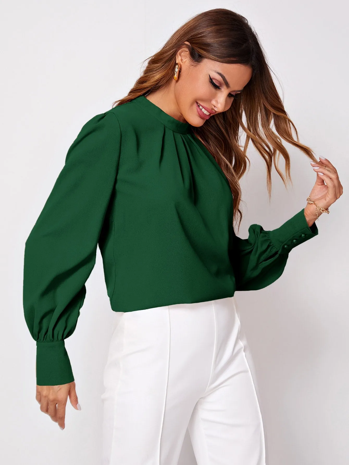 Button Cuff Gathered Neck Top