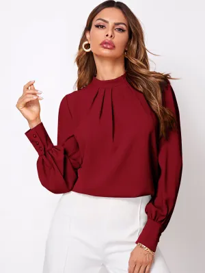 Button Cuff Gathered Neck Top