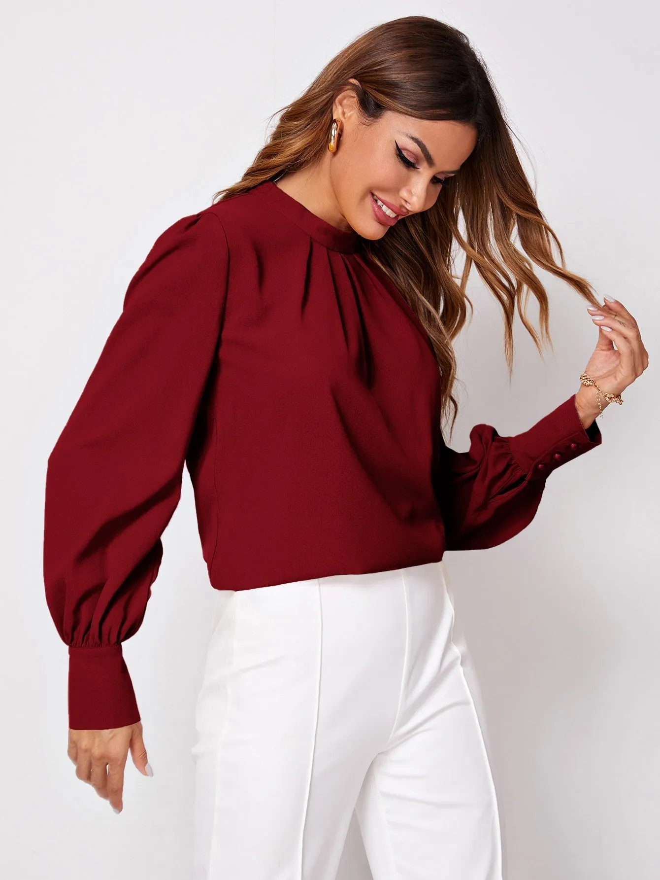 Button Cuff Gathered Neck Top