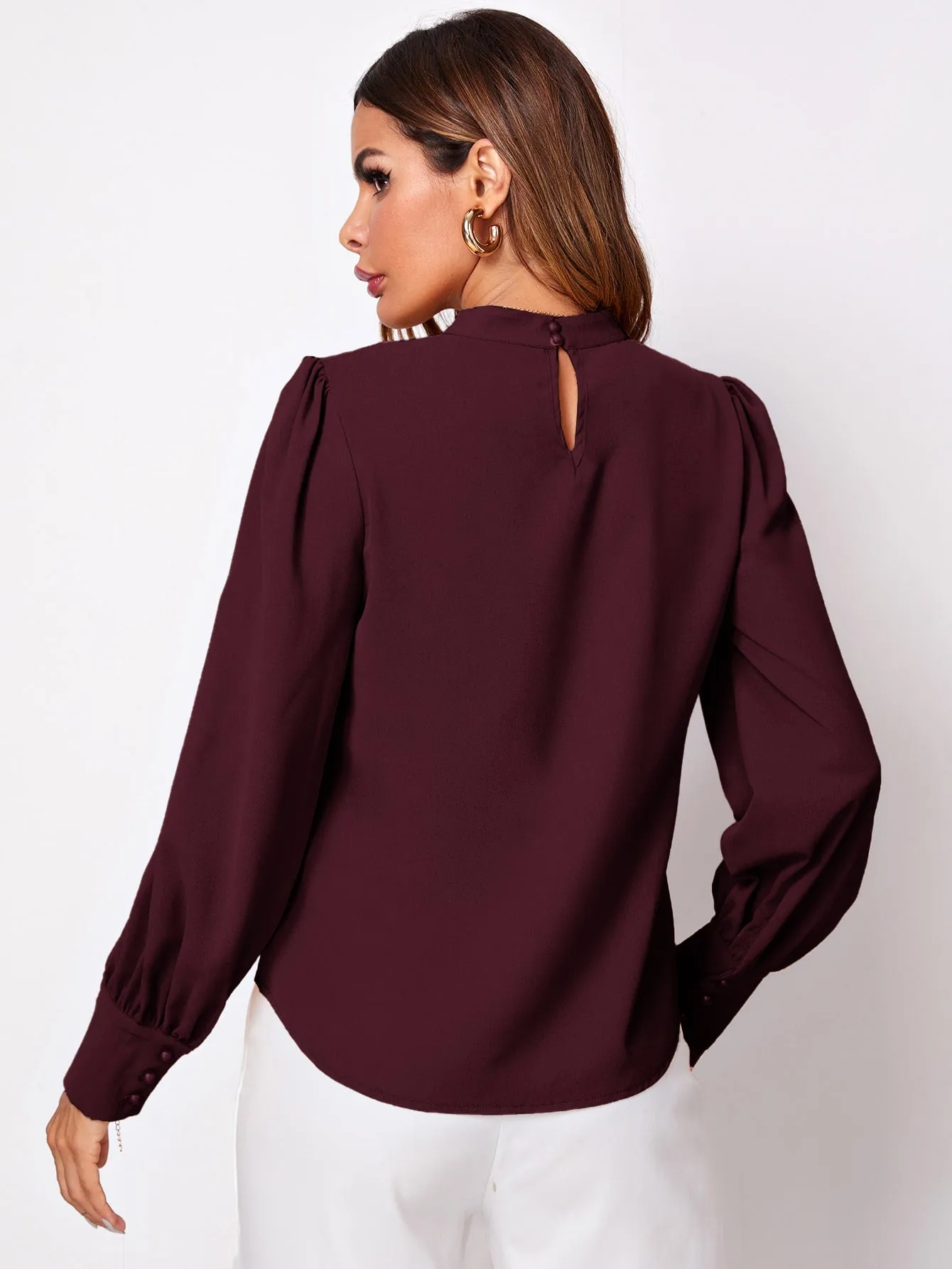 Button Cuff Gathered Neck Top