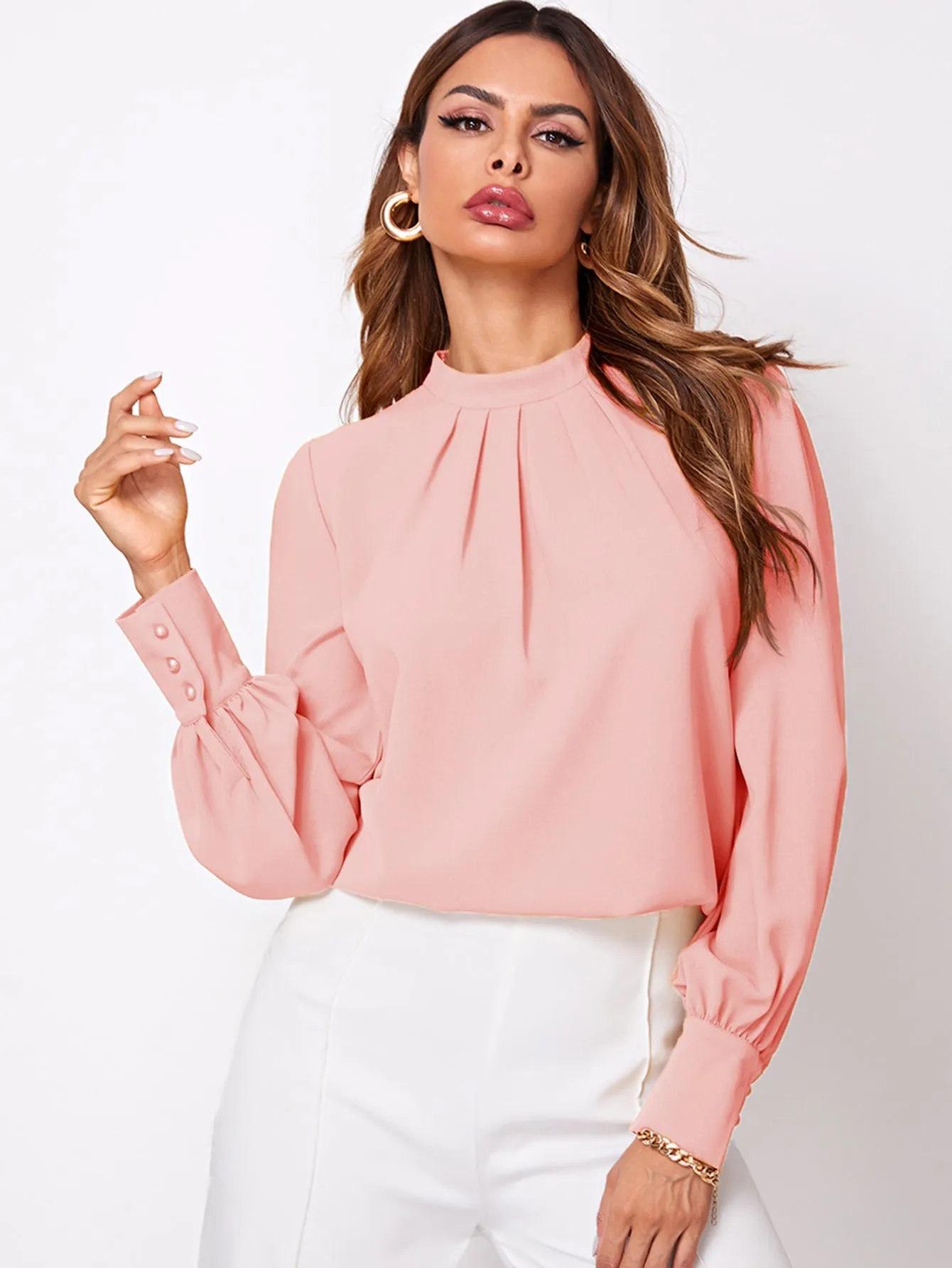 Button Cuff Gathered Neck Top