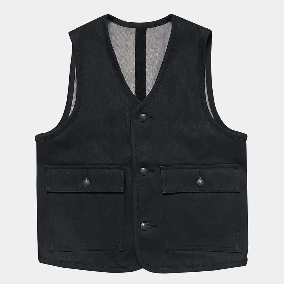 BZEN M.3034-THE GENT SLIM FIT 4 POCKET VEST-12oz- RAW BLACK ON BLUE