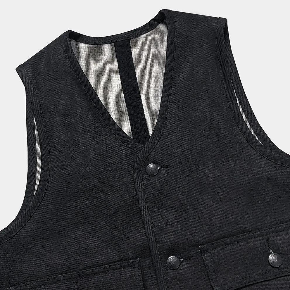 BZEN M.3034-THE GENT SLIM FIT 4 POCKET VEST-12oz- RAW BLACK ON BLUE
