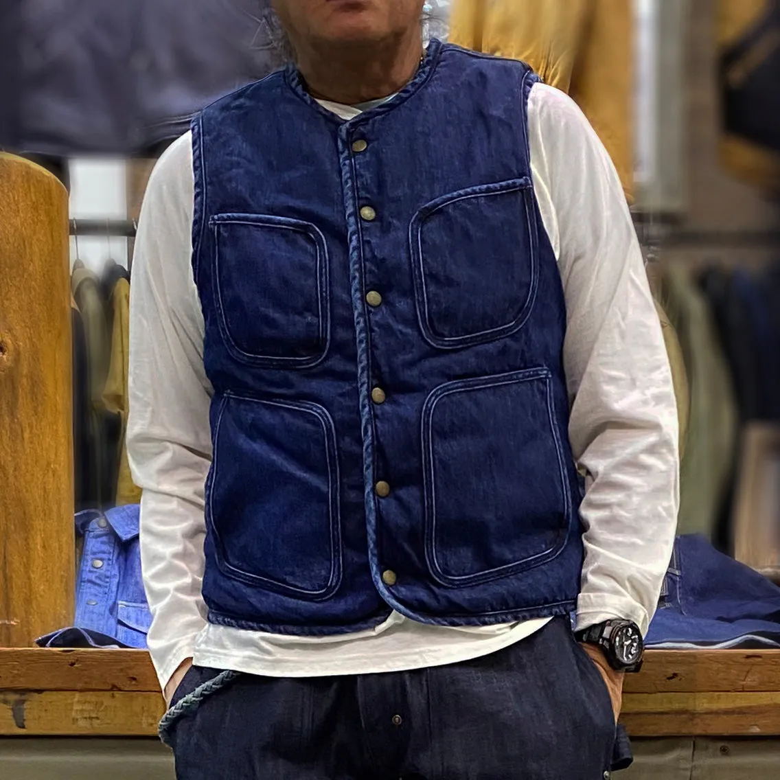 BZEN M.3203RR SILAS-DT2 REGULAR FIT 4 POCKET ROUND NECK INDIGO DENIM VEST WITH SHERPA LINING-12OZ-T2 INDIGO