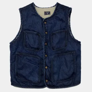 BZEN M.3203RR SILAS-DT2 REGULAR FIT 4 POCKET ROUND NECK INDIGO DENIM VEST WITH SHERPA LINING-12OZ-T2 INDIGO