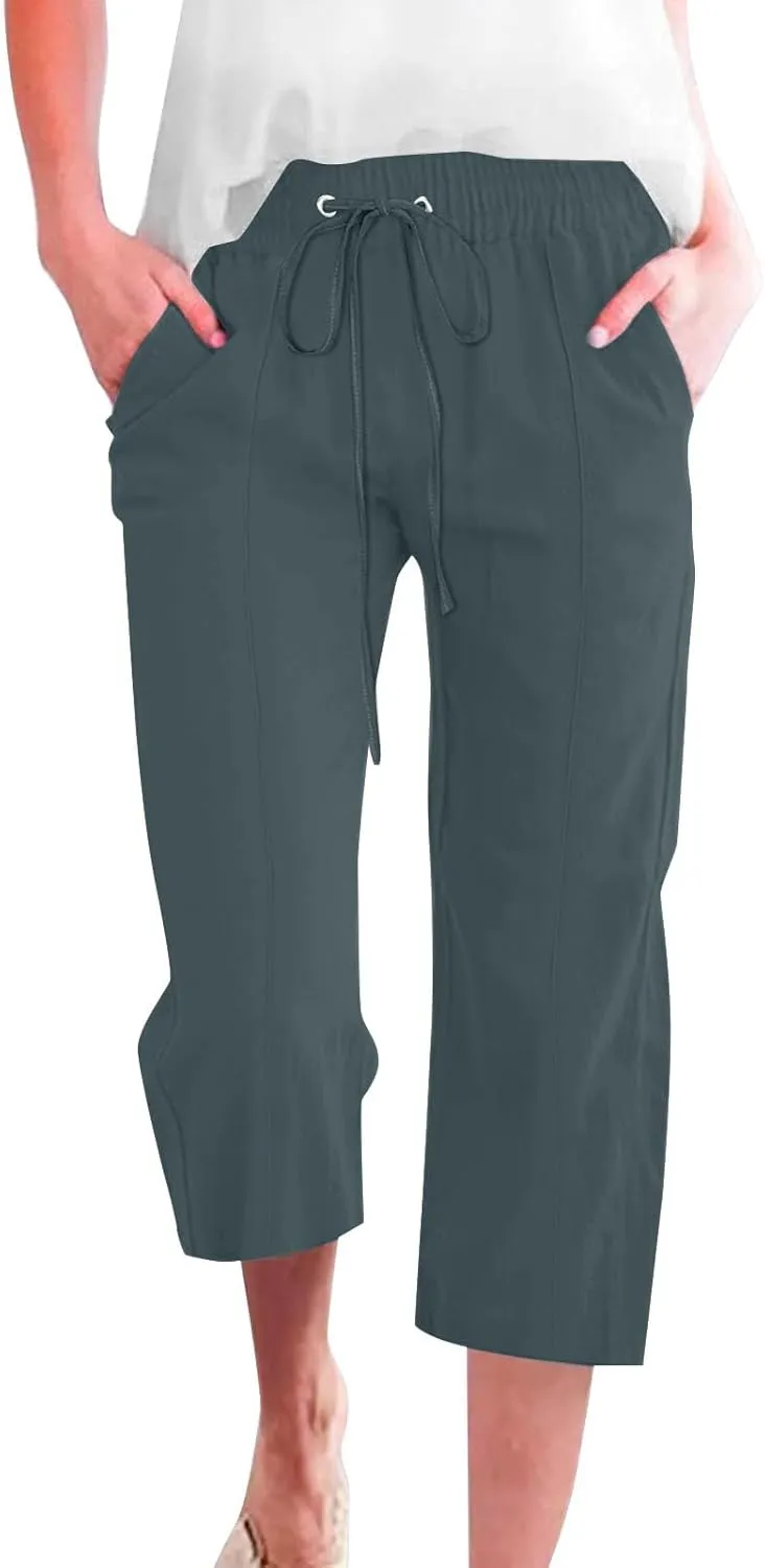 Capri Pants for Women Casual Summer Cotton Linen Capris Drawstring Elastic High Waist Pants Loose Cropped Trouser