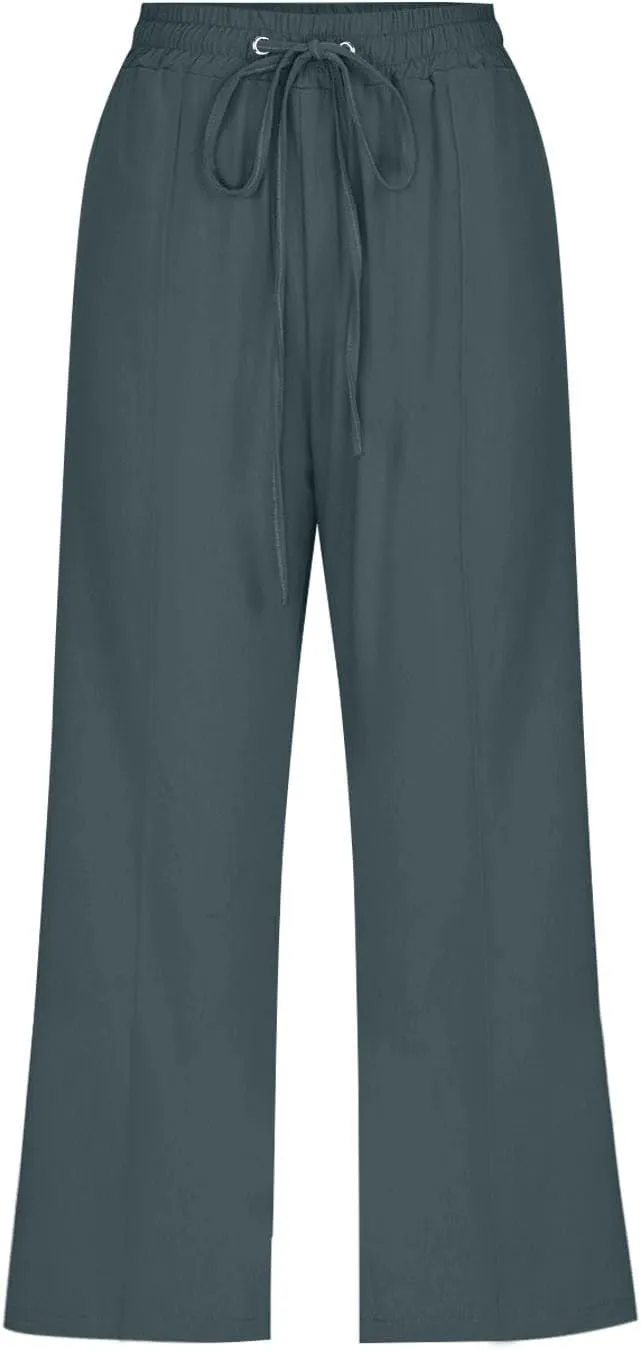 Capri Pants for Women Casual Summer Cotton Linen Capris Drawstring Elastic High Waist Pants Loose Cropped Trouser
