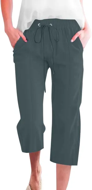 Capri Pants for Women Casual Summer Cotton Linen Capris Drawstring Elastic High Waist Pants Loose Cropped Trouser