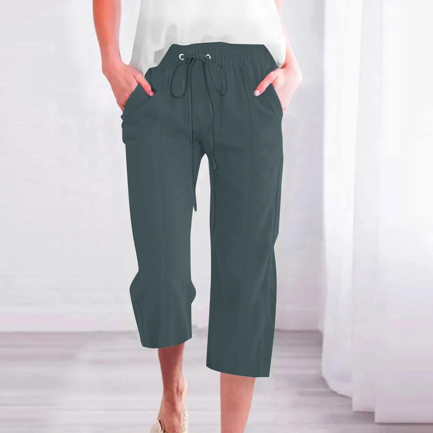 Capri Pants for Women Casual Summer Cotton Linen Capris Drawstring Elastic High Waist Pants Loose Cropped Trouser