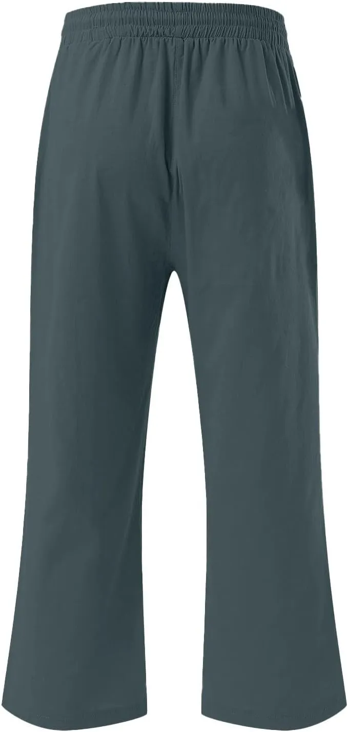 Capri Pants for Women Casual Summer Cotton Linen Capris Drawstring Elastic High Waist Pants Loose Cropped Trouser