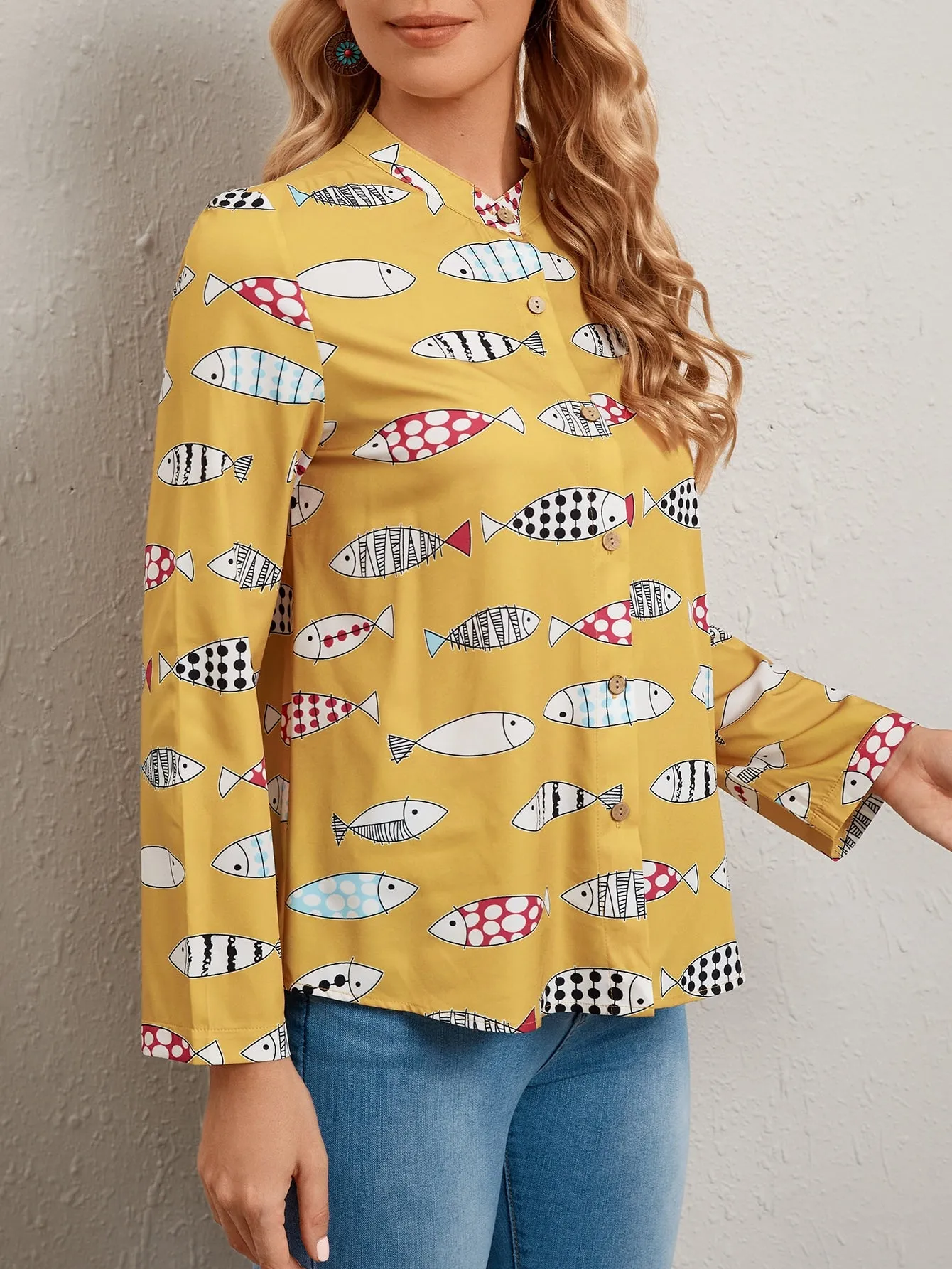 Casual All Over Print Button Front Long Sleeve Collar Regular Blouse