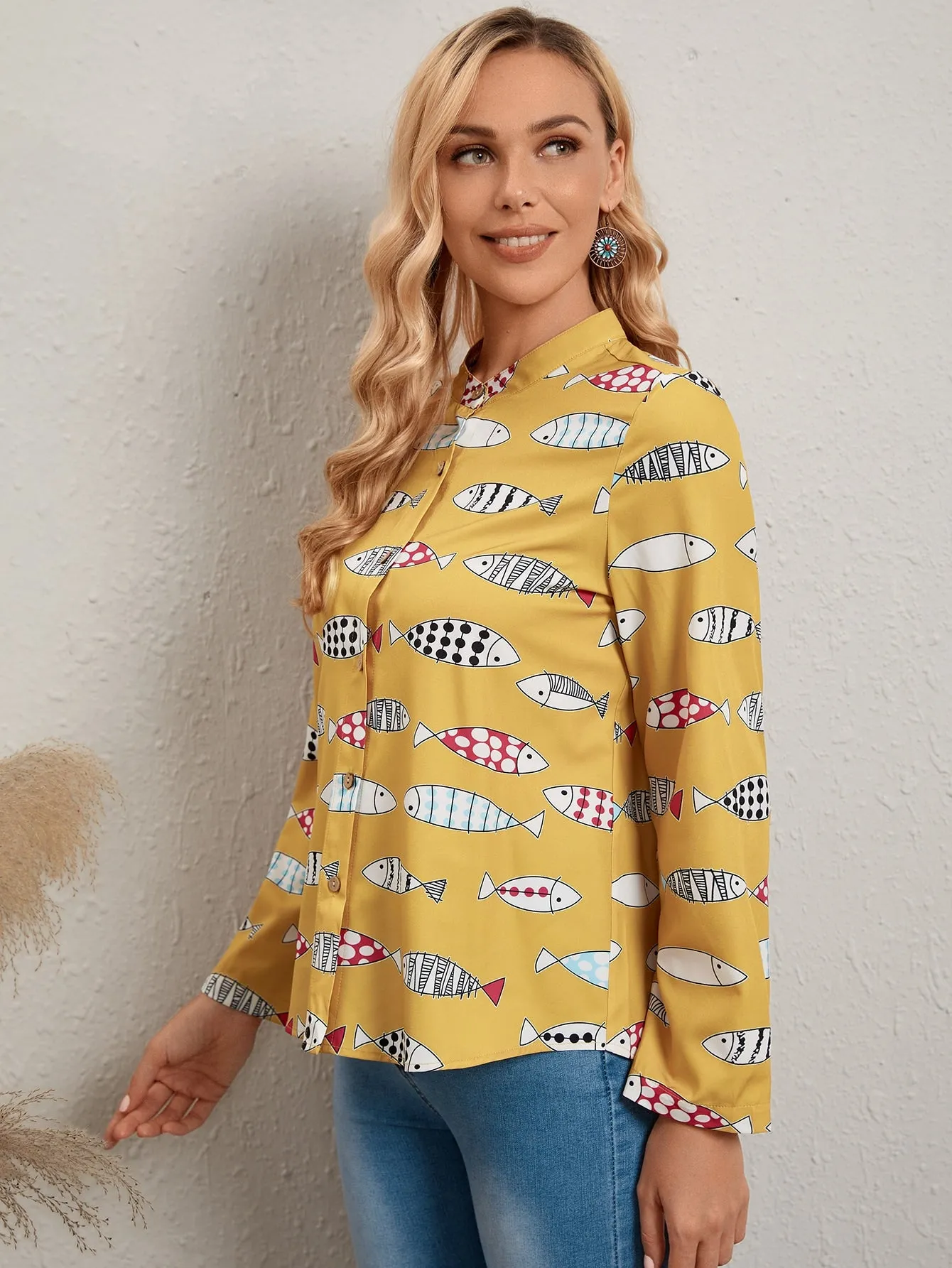 Casual All Over Print Button Front Long Sleeve Collar Regular Blouse