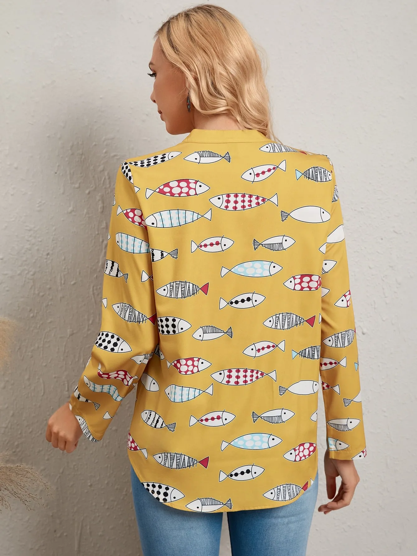 Casual All Over Print Button Front Long Sleeve Collar Regular Blouse