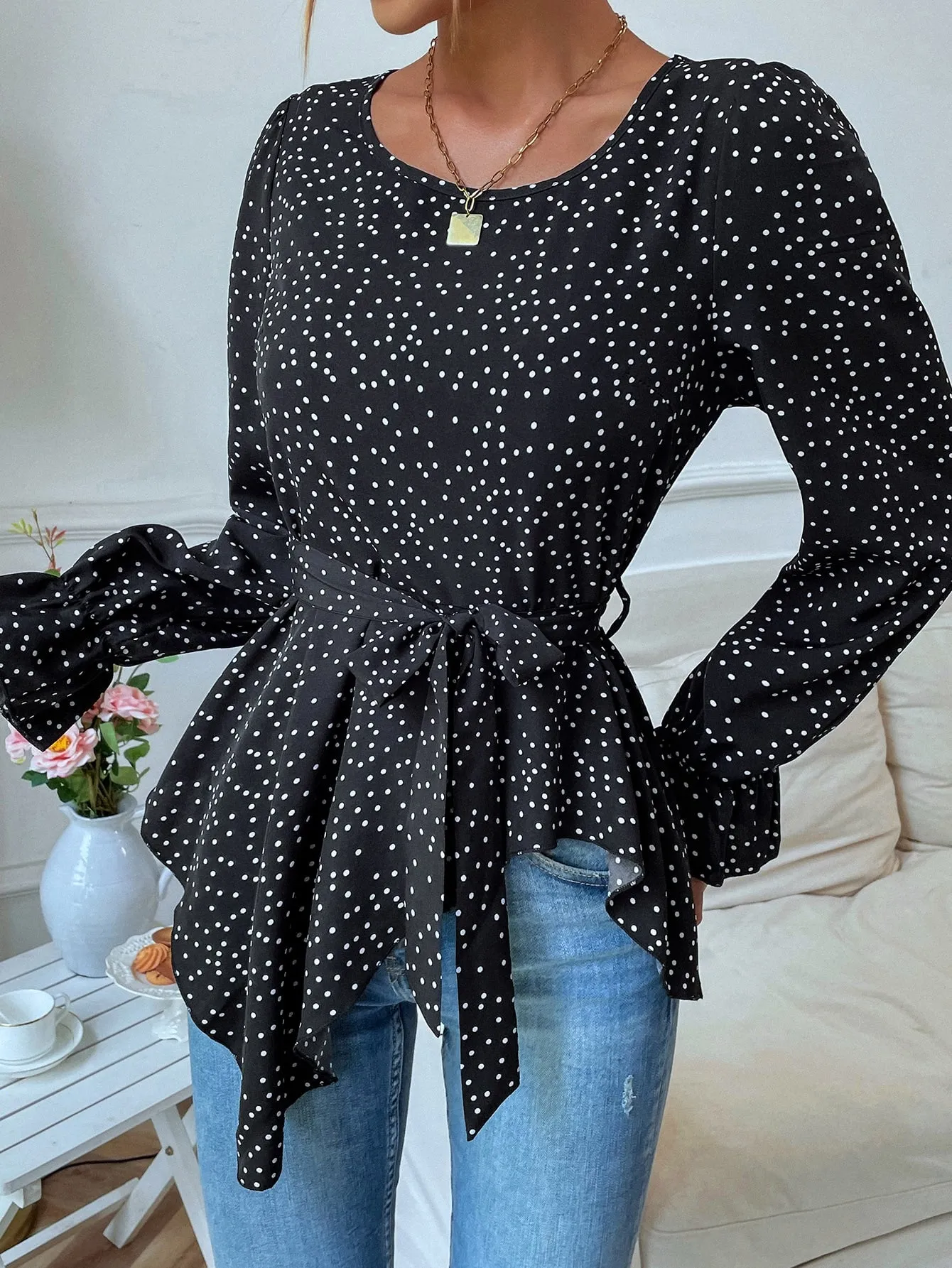 Casual Polka Dot Belted Long Sleeve Round Neck Asymmetrical Regular Blouse
