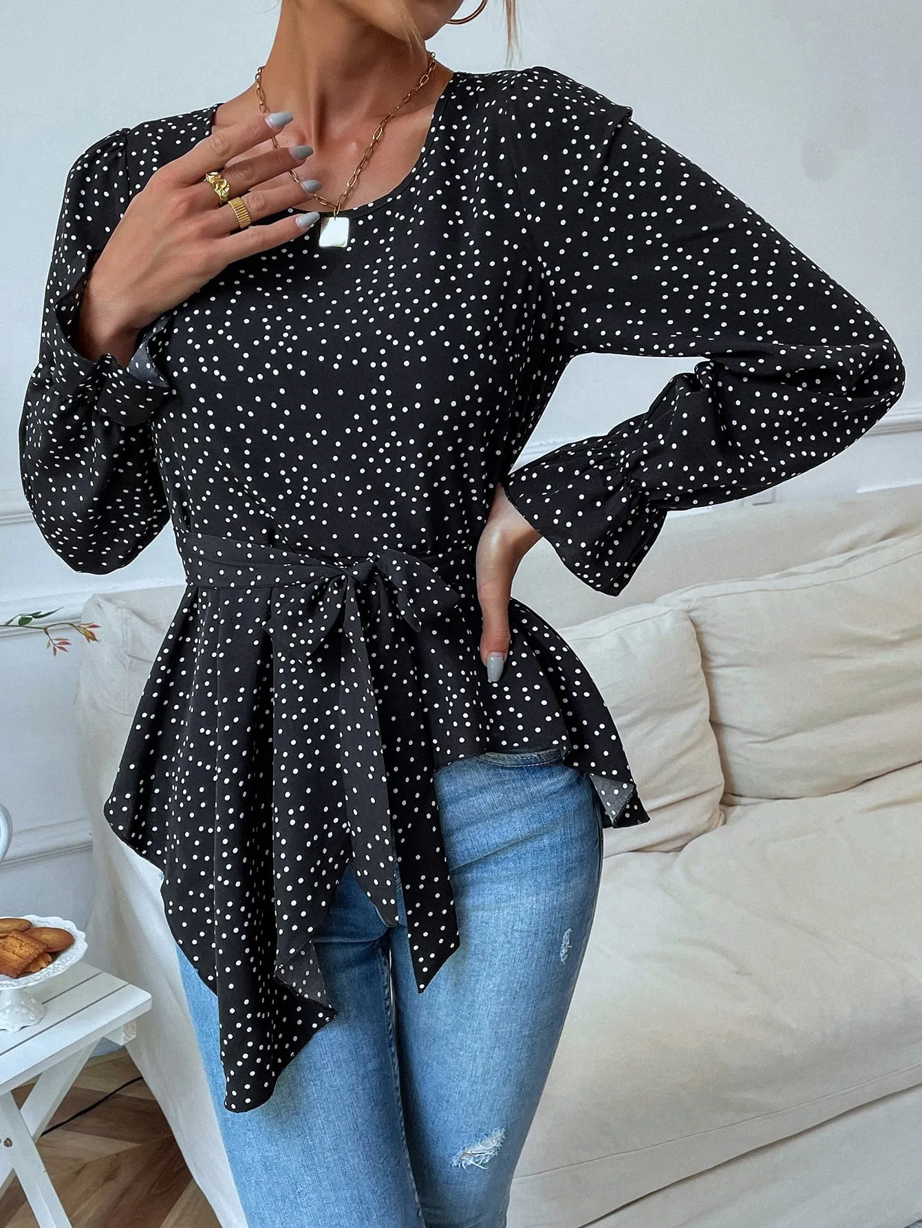 Casual Polka Dot Belted Long Sleeve Round Neck Asymmetrical Regular Blouse