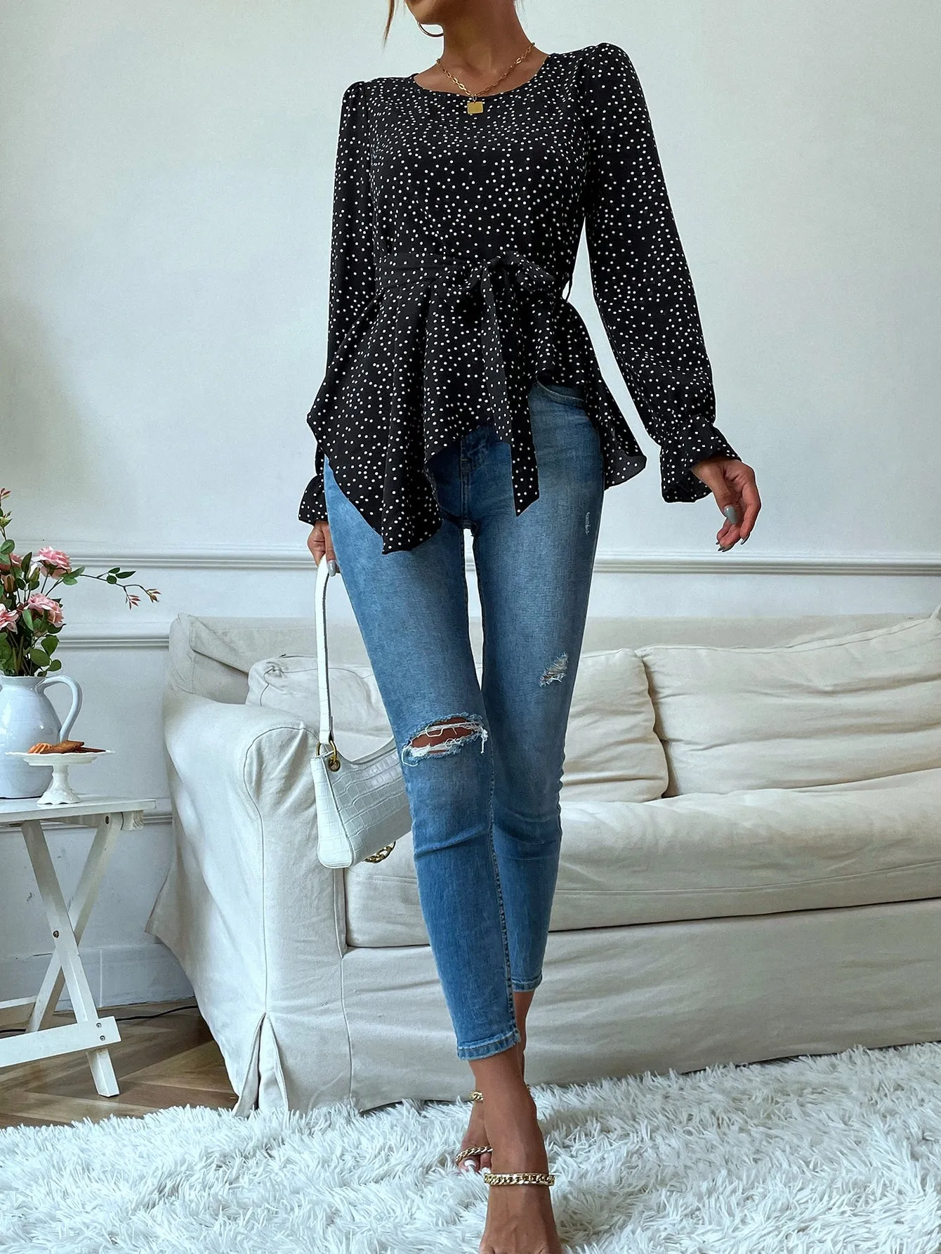 Casual Polka Dot Belted Long Sleeve Round Neck Asymmetrical Regular Blouse