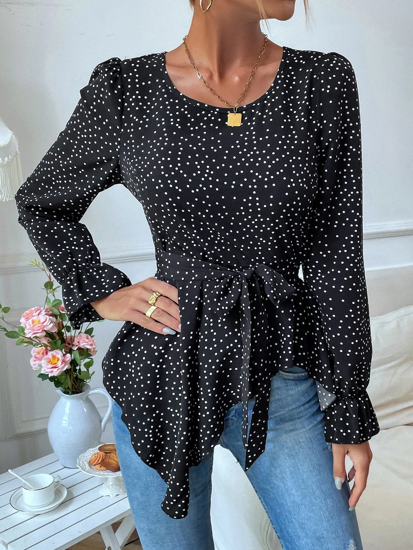 Casual Polka Dot Belted Long Sleeve Round Neck Asymmetrical Regular Blouse