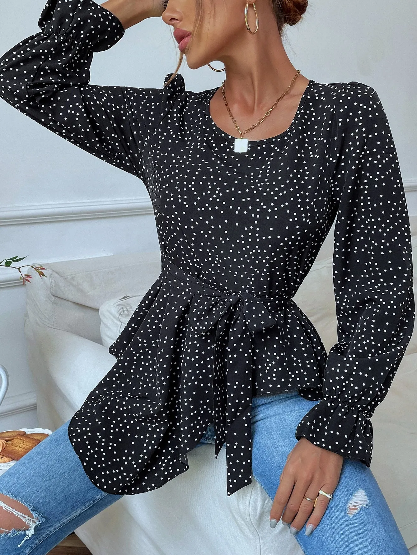 Casual Polka Dot Belted Long Sleeve Round Neck Asymmetrical Regular Blouse