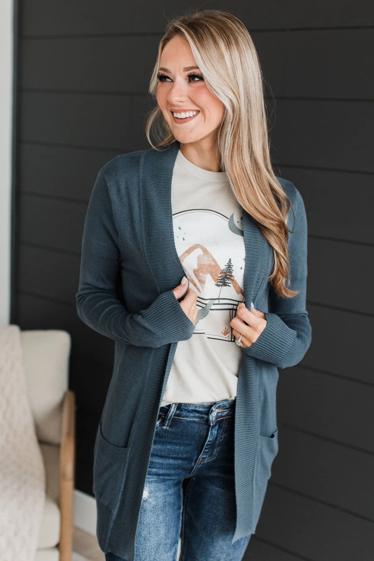 Comfortable With Myself Knit Cardigan- Dusty Denim